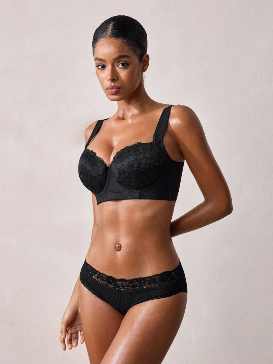 Veilyse Black Lace Comfortable Pleated Versatile Women's Bra With Wide Straps, Suitable For All Seasons - Black - View 1
