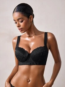 Veilyse Black Lace Comfortable Pleated Versatile Women's Bra With Wide Straps, Suitable For All Seasons - Black - View 7