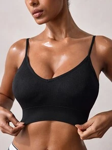 Veilyse 女款無縫聚攏無背式運動內衣，加墊內衣內褲，黑色基礎瑜伽款 - 黑色 - 查看 8
