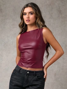 SHEIN BAE 女款純色PU皮革休閒百搭日常穿著上衣 - 紫紅色 - 查看 6