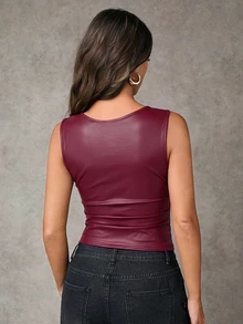 SHEIN BAE 女款純色PU皮革休閒百搭日常穿著上衣 - 紫紅色 - 查看 2