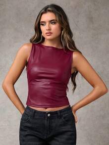 SHEIN BAE 女款純色PU皮革休閒百搭日常穿著上衣 - 紫紅色 - 查看 4