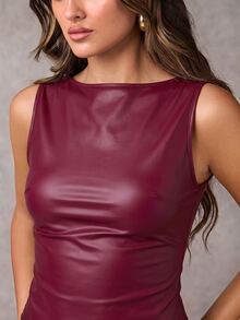 SHEIN BAE 女款純色PU皮革休閒百搭日常穿著上衣 - 紫紅色 - 查看 3