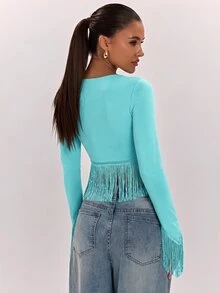 SHEIN BAE Women's Solid Color V-Neck Tassel Hem Long Sleeve Cropped Top - Mint Blue - View 2