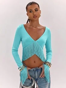 SHEIN BAE Women's Solid Color V-Neck Tassel Hem Long Sleeve Cropped Top - Mint Blue - View 5