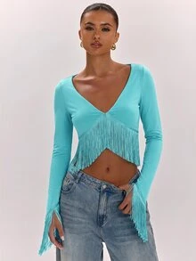 SHEIN BAE Women's Solid Color V-Neck Tassel Hem Long Sleeve Cropped Top - Mint Blue - View 7