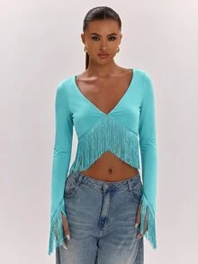 SHEIN BAE Women's Solid Color V-Neck Tassel Hem Long Sleeve Cropped Top - Mint Blue - View 6
