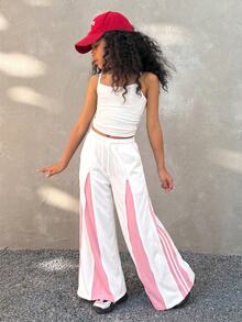 Coolane Kids Tween Girls Spring/Summer Streetwear Kids Red Baggy High Waisted Straight Pants Wide Leg Sweatpants - White - View 7