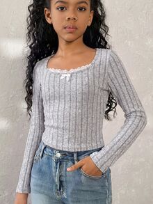 SHEIN 青少年女孩秋季基礎日常童裝，可愛灰色蕾絲修身長袖T恤，新年聖誕開學穿搭服飾 - 灰色 - 查看 3