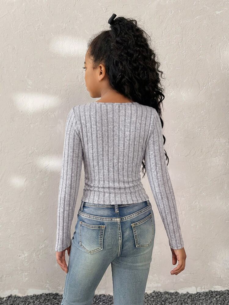 SHEIN Tween Girls Autumn/,Basic Daily Kids Wear,Cute Grey Lace Slim Fit Long Sleeve T-Shirt,New Year Christmas,Clothes For New Year School - Grey - View 2