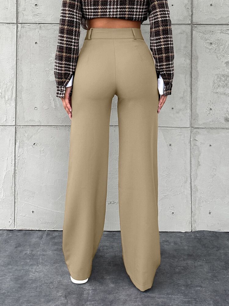 EURMUSE Women's Solid Color Button-Front Minimalist Suit Pants, Casual Everyday Wear - Beige - View 2