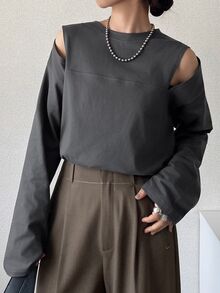 FRIFUL 女款初夏/初秋新款純棉韓版素色露肩長袖T恤 日常深灰色休閒 - 灰色 - 查看 5