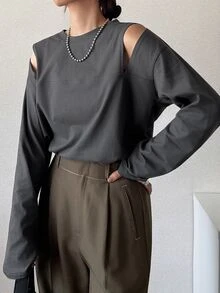 FRIFUL 女款初夏/初秋新款純棉韓版素色露肩長袖T恤 日常深灰色休閒 - 灰色 - 查看 4