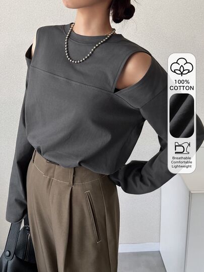 FRIFUL Women's Early Summer/Autumn New Pure Cotton Korean Solid Color Shoulder Cutout Long Sleeve T-Shirt Everyday Dark Grey Casual