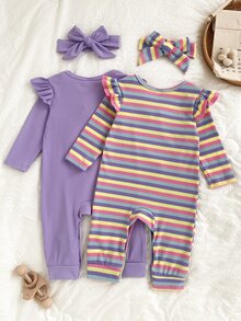2pcs Baby Girls Fall Winter Pink Purple Colorful Ribbed Ribbed Long Sleeve Romper & Matching Bow Headband Set - Purple - View 2