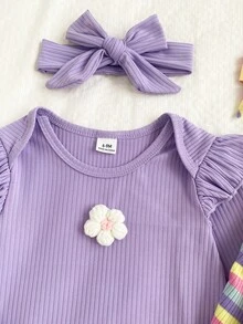 2pcs Baby Girls Fall Winter Pink Purple Colorful Ribbed Ribbed Long Sleeve Romper & Matching Bow Headband Set - Purple - View 5