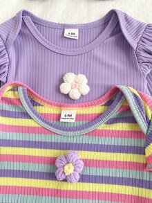 2pcs Baby Girls Fall Winter Pink Purple Colorful Ribbed Ribbed Long Sleeve Romper & Matching Bow Headband Set - Purple - View 3