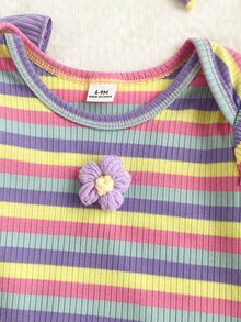 2pcs Baby Girls Fall Winter Pink Purple Colorful Ribbed Ribbed Long Sleeve Romper & Matching Bow Headband Set - Purple - View 8