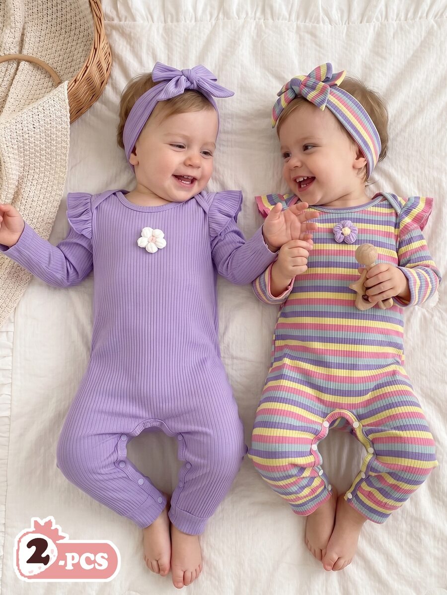 2pcs Baby Girls Fall Winter Pink Purple Colorful Ribbed Ribbed Long Sleeve Romper & Matching Bow Headband Set - Purple - View 1