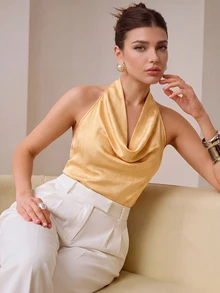 ZEYLAH Women's Solid Color Cowl Neck Fashion Halter Tank Top - Pale Yellow - View 1