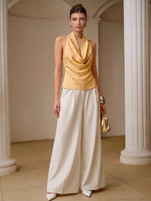 ZEYLAH Women's Solid Color Cowl Neck Fashion Halter Tank Top - Pale Yellow - View 3
