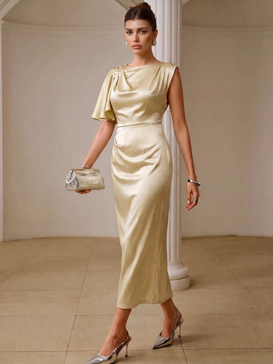 ZEYLAH Elegant Party Solid Color Asymmetric Dress - Avocado Green - View 1