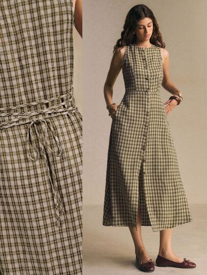 Poéselle Gaun Panjang Wanita Motif Kotak-kotak Kancing Depan dengan Pinggang Ramping, Potongan Slim Fit, Cocok untuk Pakaian Kerja/Kantor, dan Acara Santai Musim Panas