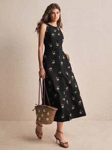 Poéselle 女款花卉刺繡單排扣休閒無袖中長洋裝 - 黑色 - 查看 7