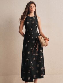 Poéselle 女款花卉刺繡單排扣休閒無袖中長洋裝 - 黑色 - 查看 5
