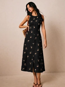 Poéselle 女款花卉刺繡單排扣休閒無袖中長洋裝 - 黑色 - 查看 1