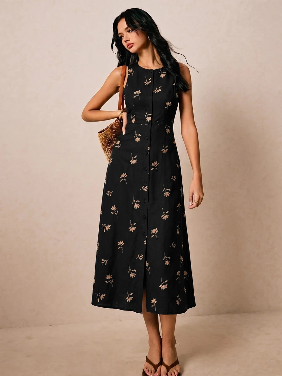Poéselle 女款花卉刺繡單排扣休閒無袖中長洋裝 - 黑色 - 查看 1