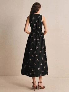 Poéselle 女款花卉刺繡單排扣休閒無袖中長洋裝 - 黑色 - 查看 2