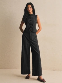 Poéselle Women's Elegant Frog Button Vest And Loose Pants 2 Pieces Set - Black - View 8