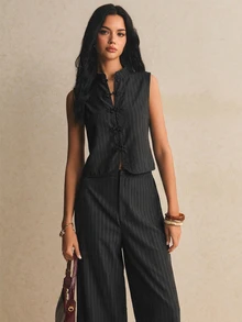 Poéselle Women's Elegant Frog Button Vest And Loose Pants 2 Pieces Set - Black - View 5