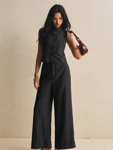 Poéselle Women's Elegant Frog Button Vest And Loose Pants 2 Pieces Set - Black - View 6