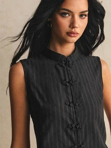 Poéselle Women's Elegant Frog Button Vest And Loose Pants 2 Pieces Set - Black - View 4