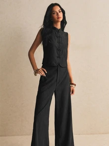 Poéselle Women's Elegant Frog Button Vest And Loose Pants 2 Pieces Set - Black - View 2
