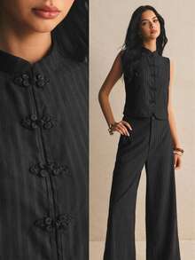 Poéselle Women's Elegant Frog Button Vest And Loose Pants 2 Pieces Set - Black - View 1