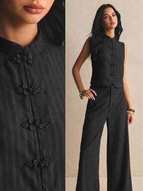 Poéselle Women's Elegant Frog Button Vest And Loose Pants 2 Pieces Set