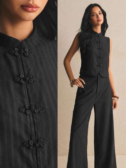 Poéselle Women's Elegant Frog Button Vest And Loose Pants 2 Pieces Set