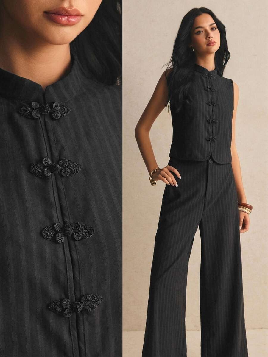 Poéselle Women's Elegant Frog Button Vest And Loose Pants 2 Pieces Set - Black - View 1