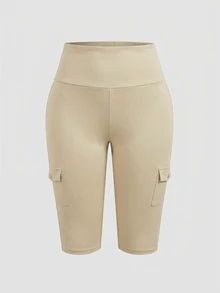 EMERY ROSE Plus Size Women 3/4 Length Pants With Pockets, Casual Sports Everyday Wear - Khaki - View 3