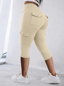 EMERY ROSE Plus Size Women 3/4 Length Pants With Pockets, Casual Sports Everyday Wear - Khaki - View 1