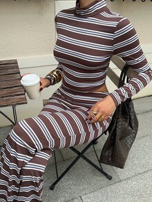 SHEIN EZwear 女款條紋高領長袖短版T恤與喇叭褲針織休閒套裝，棕色條紋秋季居家服 - 咖啡棕 - 查看 4