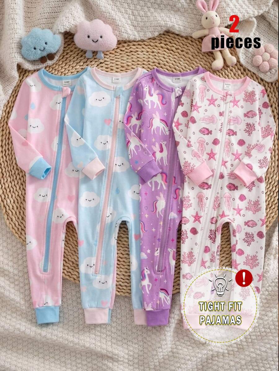 SHEIN 女嬰時尚甜美雲朵圖案舒適兩件套長袖修身連身褲居家服 - 彩色 - 查看 1
