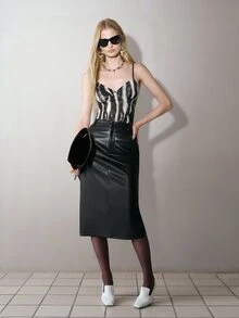 MOTF PREMIUM WOMEN'S PU LEATHER ELEGANT STRAIGHT SKIRT, AUTUMN/WINTER - Black - View 1
