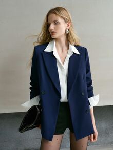 MOTF PREMIUM WOMEN SOLID NAVY BLUE PEAK COLLAR BLAZER - Blue - View 4