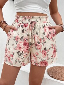 Breezaya Women's  Cream Base Pink Rose Cottagecore Summer Floral Shorts, Ruffle Elastic Waist Drawstring Side Pocket Light Casual Bermuda Pants Beach Vacation - Apricot - View 1