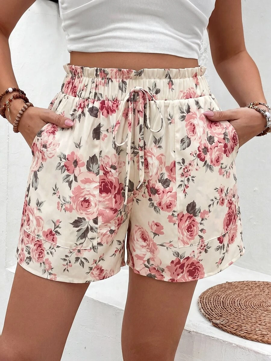 Breezaya Women's Cream Base Pink Rose Cottagecore Summer Floral Shorts, Ruffle Elastic Waist Drawstring Side Pocket Light Casual Bermuda Pants Beach Vacation - Apricot - View 1