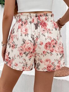 Breezaya Women's  Cream Base Pink Rose Cottagecore Summer Floral Shorts, Ruffle Elastic Waist Drawstring Side Pocket Light Casual Bermuda Pants Beach Vacation - Apricot - View 2